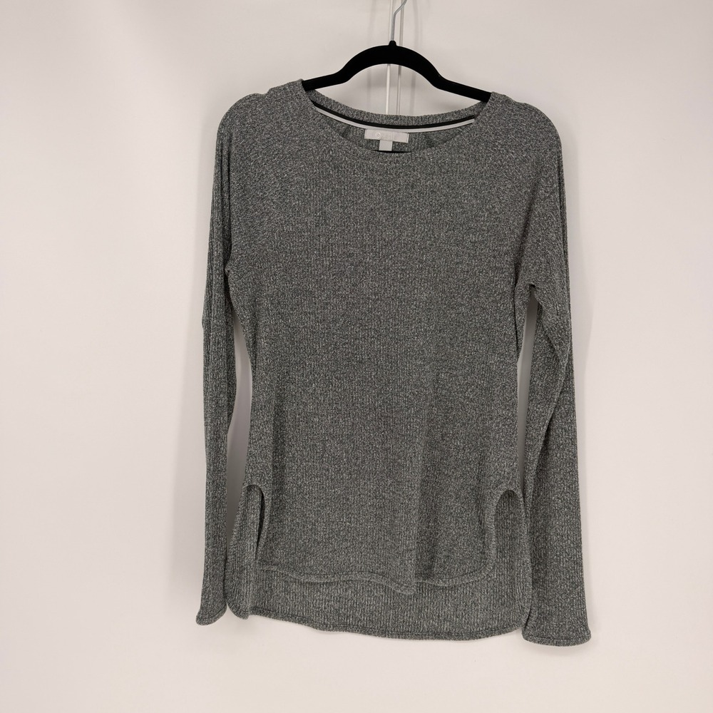 Zella Long Sleeve Top Womens Medium Gray Marl Ribbed Side Slit Athleisure Basic